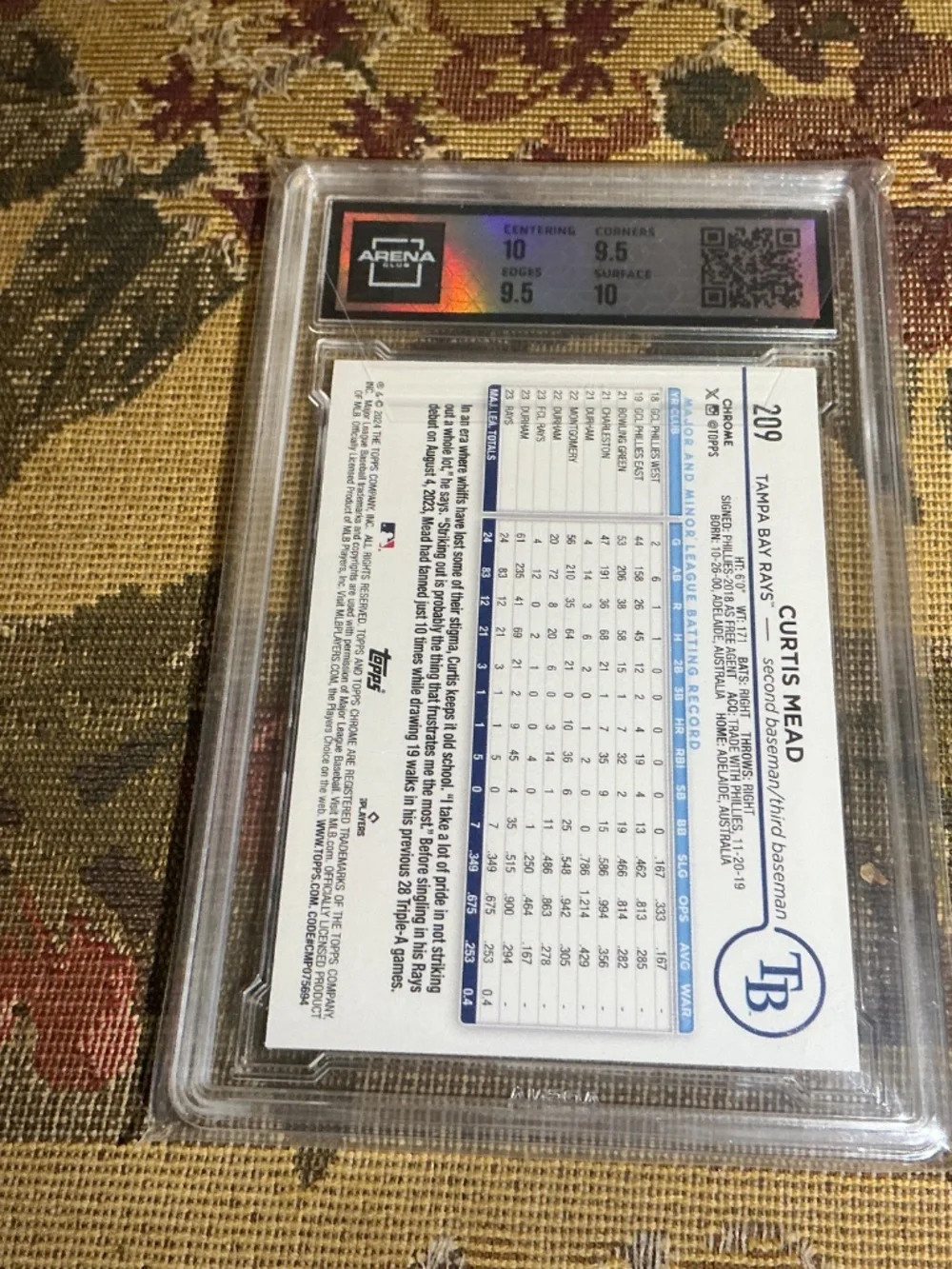 CURTIS MEAD 2024 Topps Chrome MLB Pink Refractor Rookie Card 209 Graded Arena 10